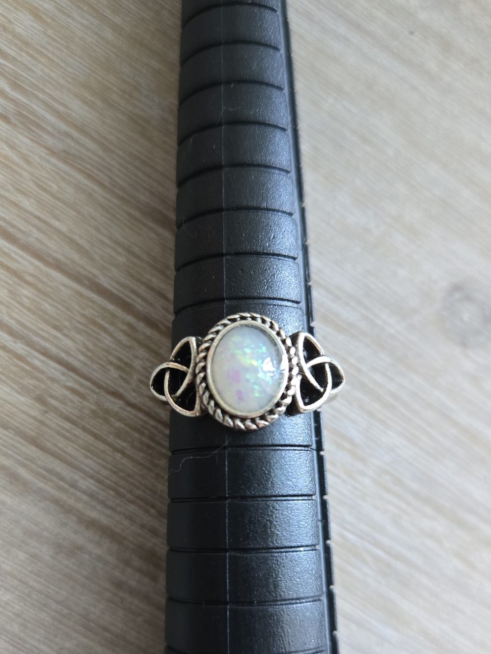Sterling Silver Celtic Opal Ring - Iridescent White.Size 5.5.